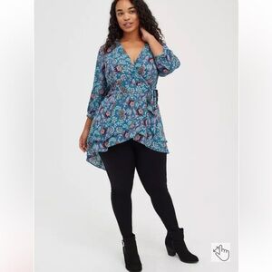Torrid Wrap Tunic High Low VNeck Ruffled Tie Lightweight Paisley Blouse Size 1X
